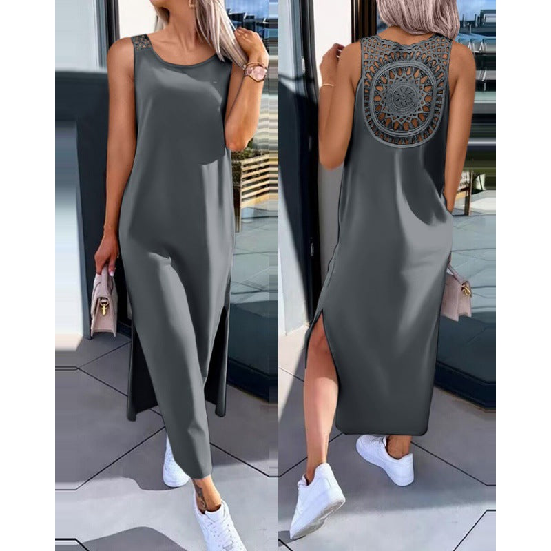 Fashion Slim Solid Color Back Lace Dress