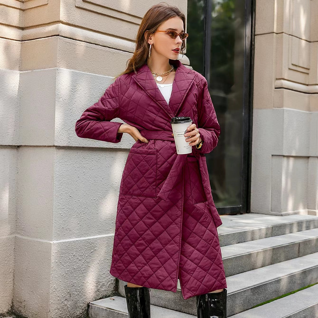Women's Fashion Polo Collar Clothes Mid-length Belt Coats