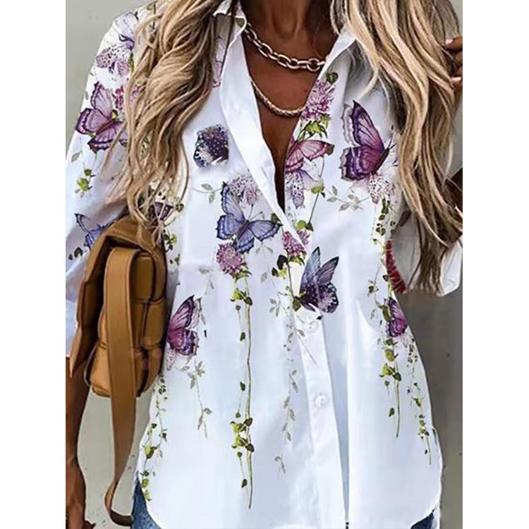 Women's Fashion Digital Printing Long Sleeve Shirt Blouses