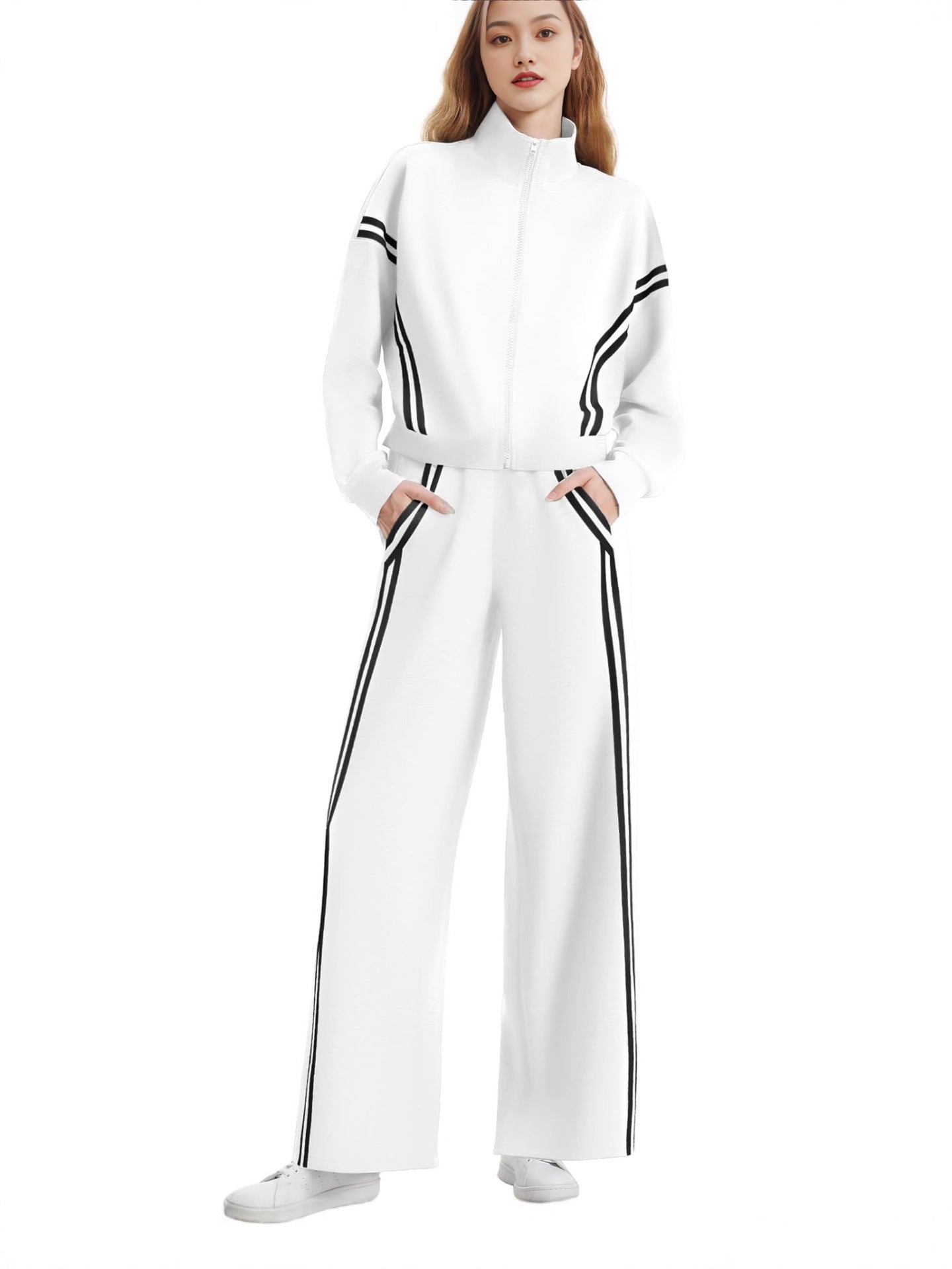 Wear Zipper Sports Contrast Color Striped Wide Leg Jogger Travel Fashion Casual Suit