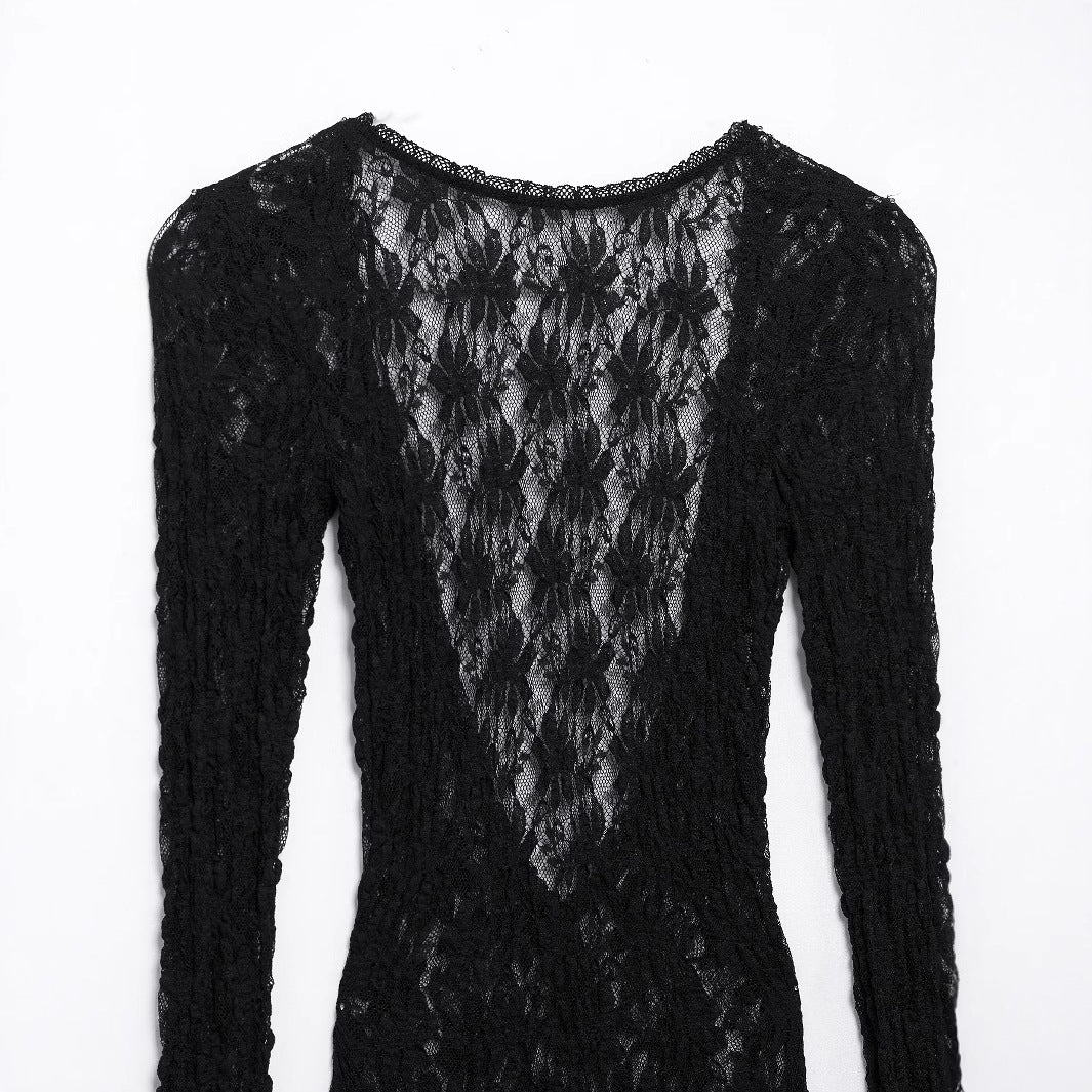 Women's Lace Round Neck Long Sleeve Backless Dresses