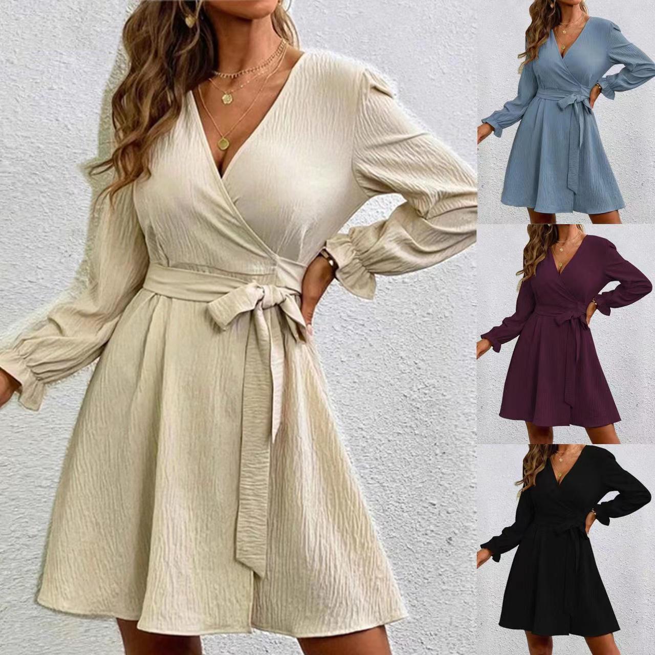 Solid Color Slit Collar Drawstring Lantern Dress