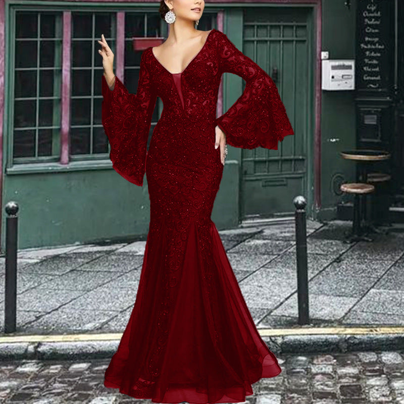 Lace Elegant Sexy Slim Fishtail Long Banquet Female Black Dress