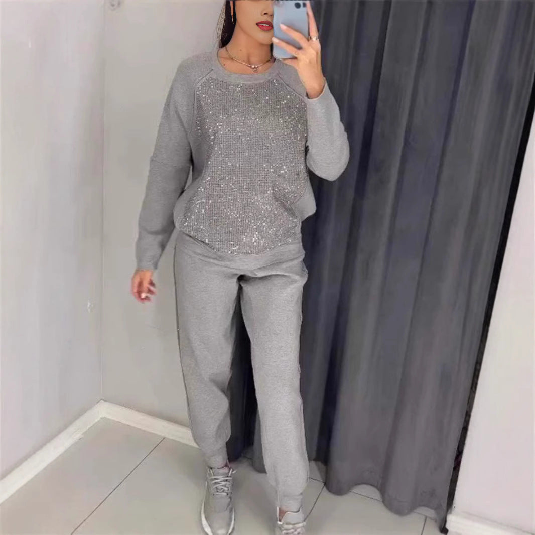 Women's Solid Color Rhinestone Long Sleeve Round Suits