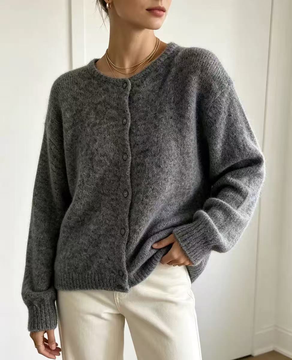 Women's Single-breasted Round Neck Soft Solid Color Furry Women's Sweater