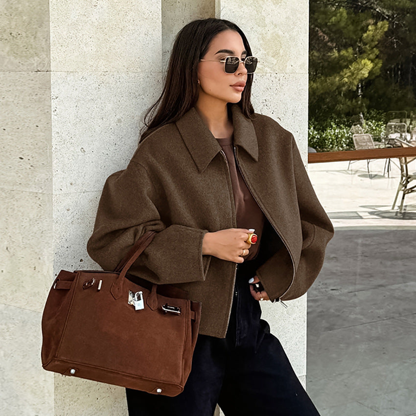 Women's Brown Woolen Loose-fitting Lapel Thick Overcoat Coats
