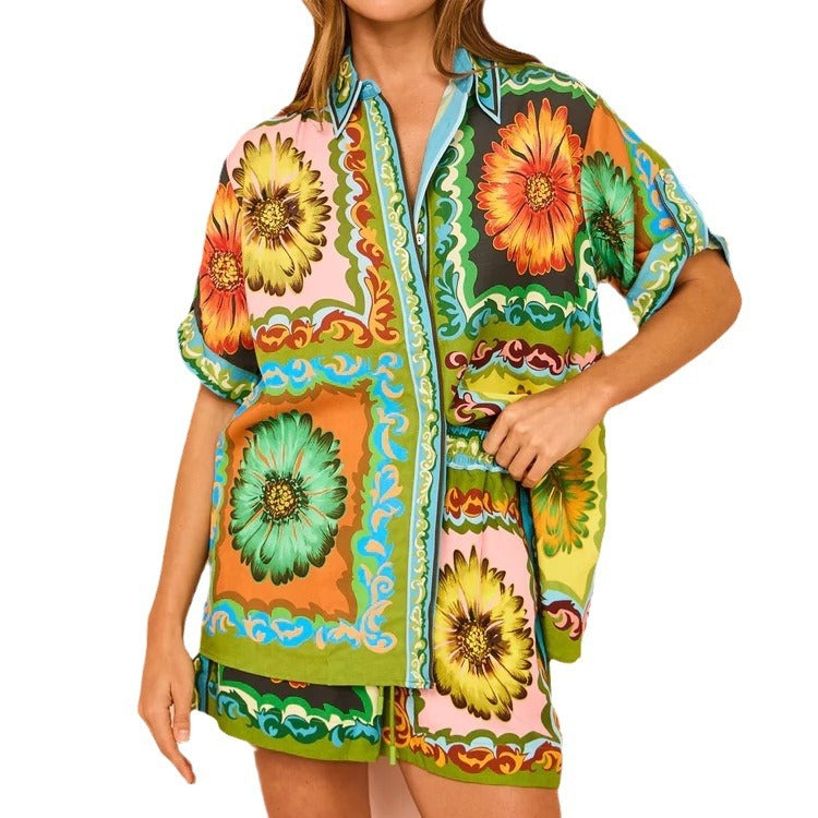 Loose Casual Fashionable Printed Daisy Linen Suits