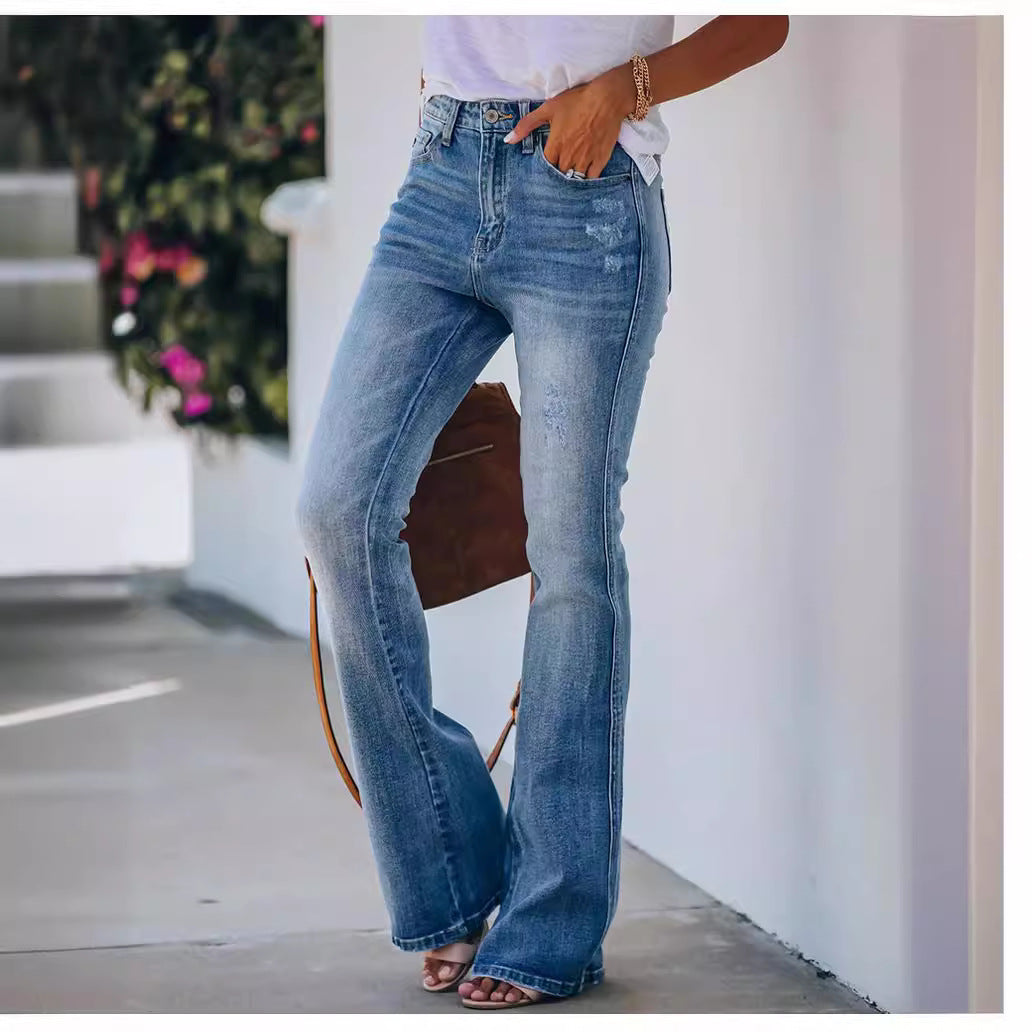 Women's Temperament Commute Ripped Bootleg Washed Stretch Jeans
