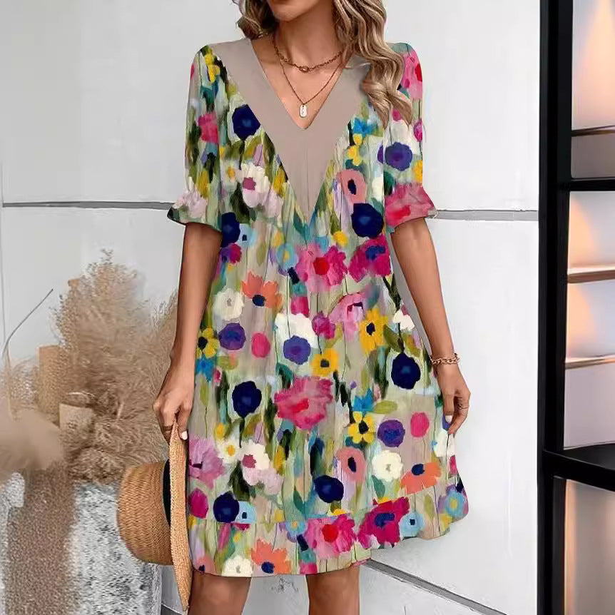 Women's Stitching Printed Ruffle Sleeve Fashionable Elegant Dress