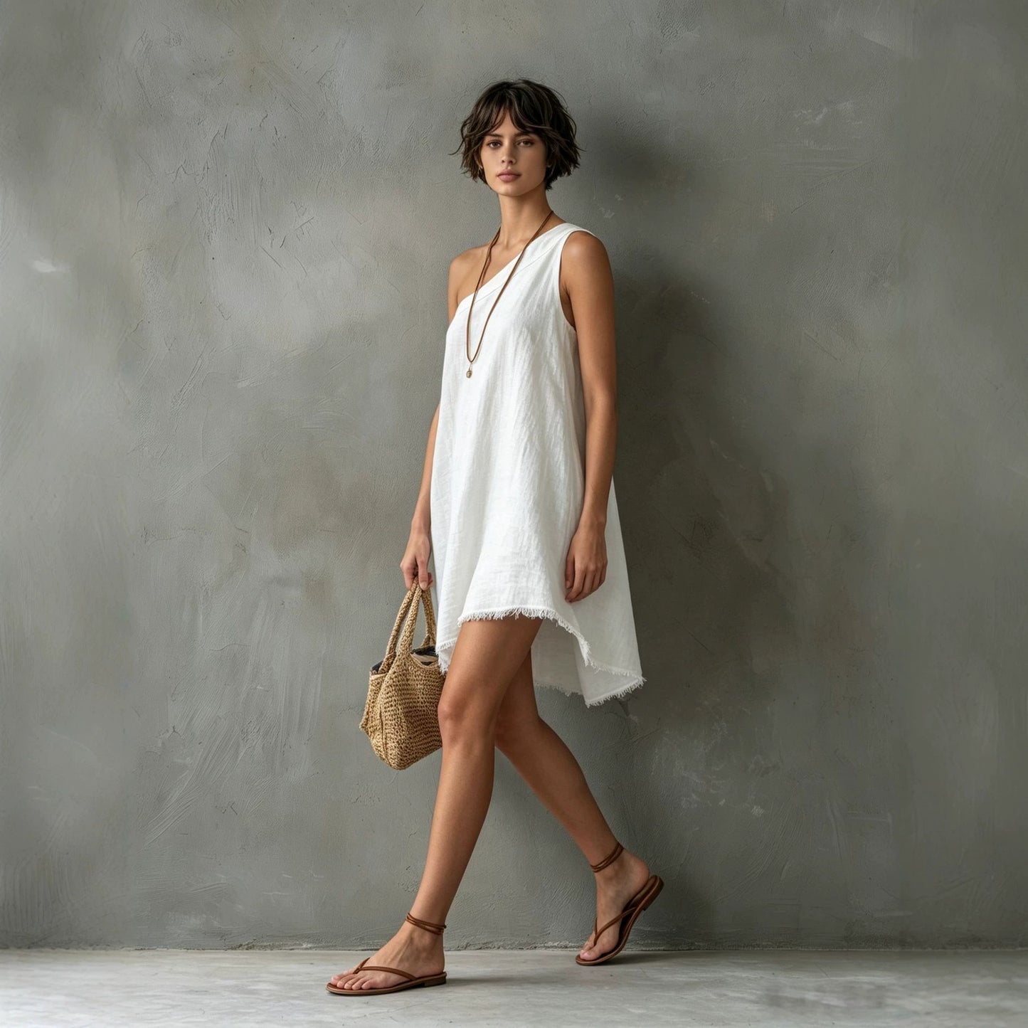 Women's Minimalist Linen Blend Shoulder Sleeveless Frayed Dress
