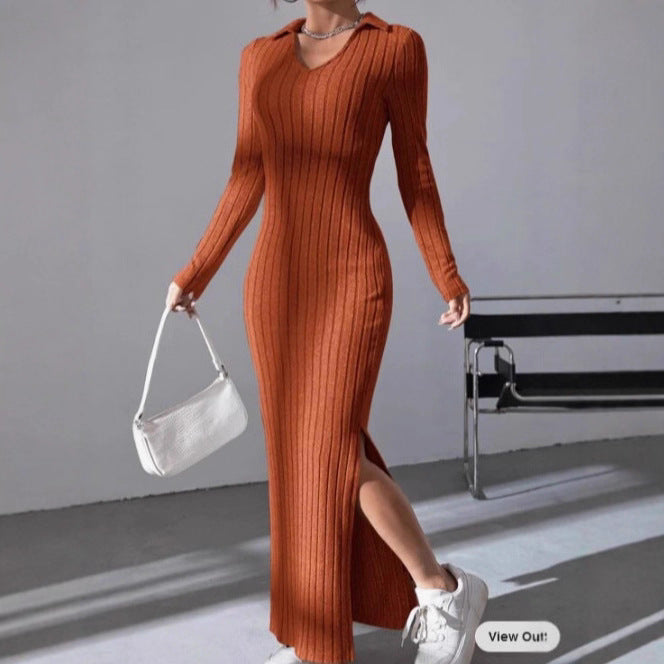 Slim Fit Lapel Split Sunken Stripe Dress