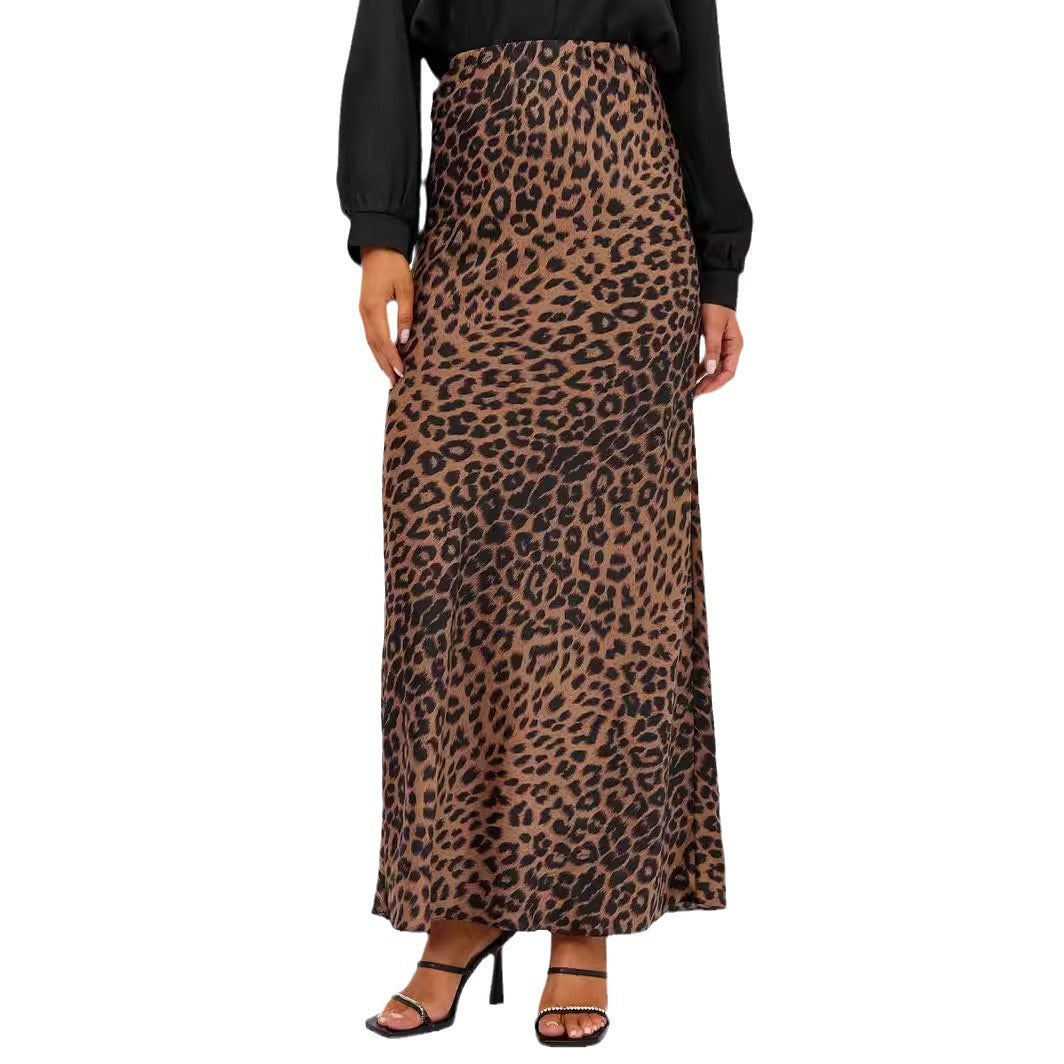 Satin Sexy Leopard Print Maxi High Skirts