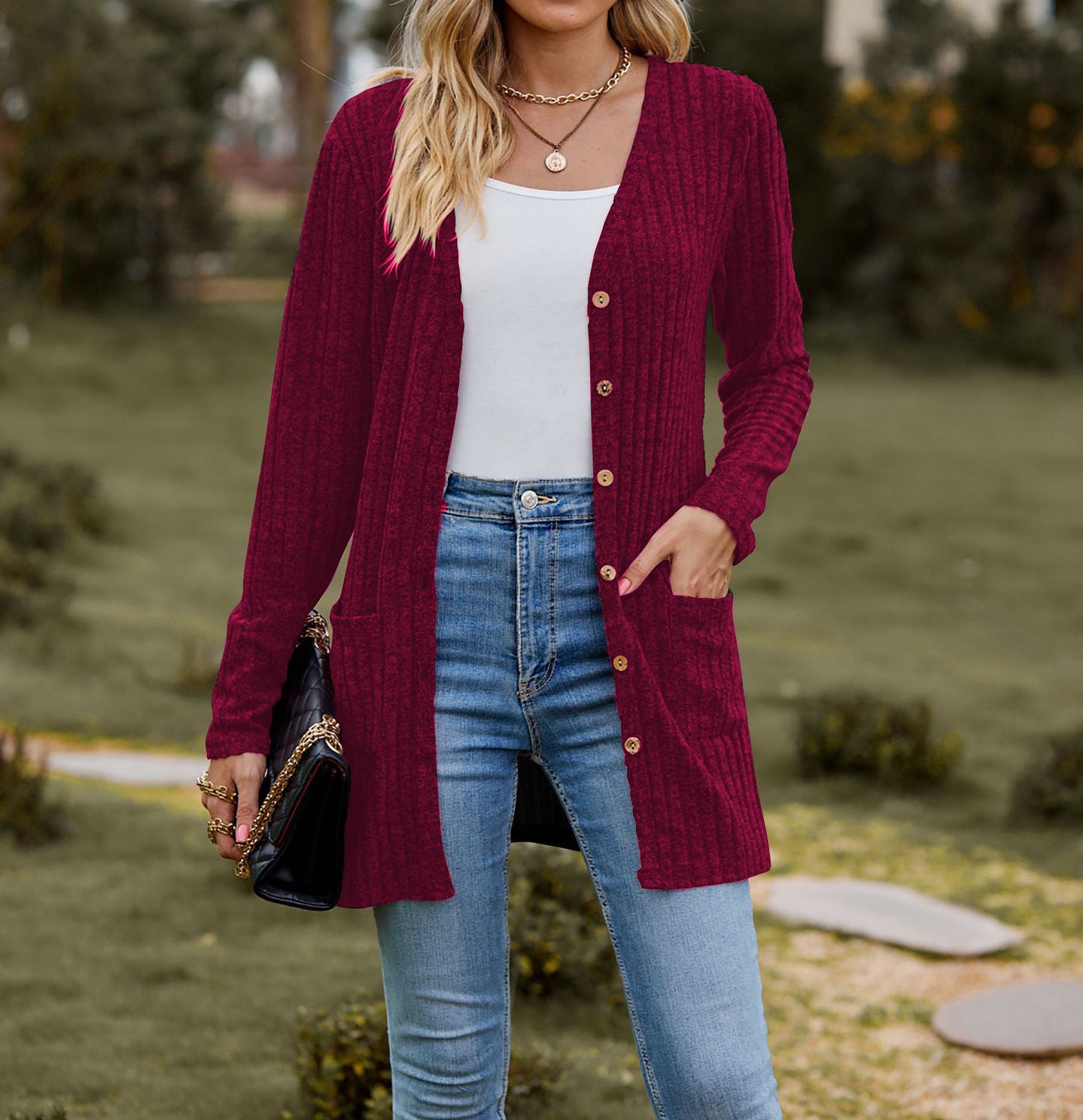 Women's Long Sleeve Knitted Brushed Sunken Stripe Texture Versatile Tops