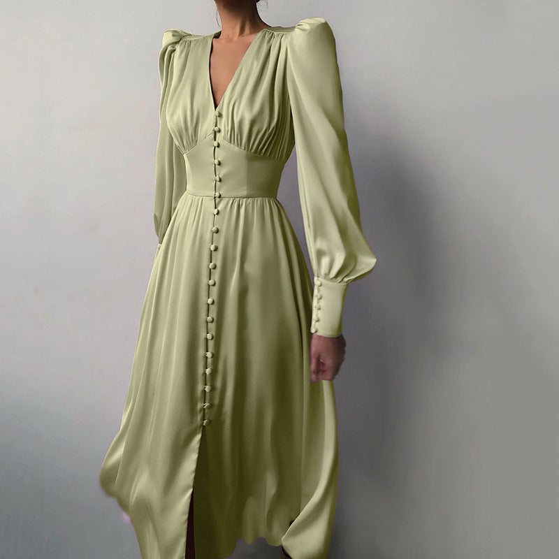 Women's Satin Dress Design Sense Lantern Sleeve Waist Dresses