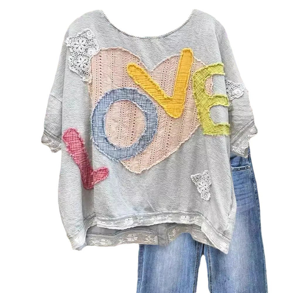 Letter Heart-shaped Lace Affixed Cloth Embroidered Tops
