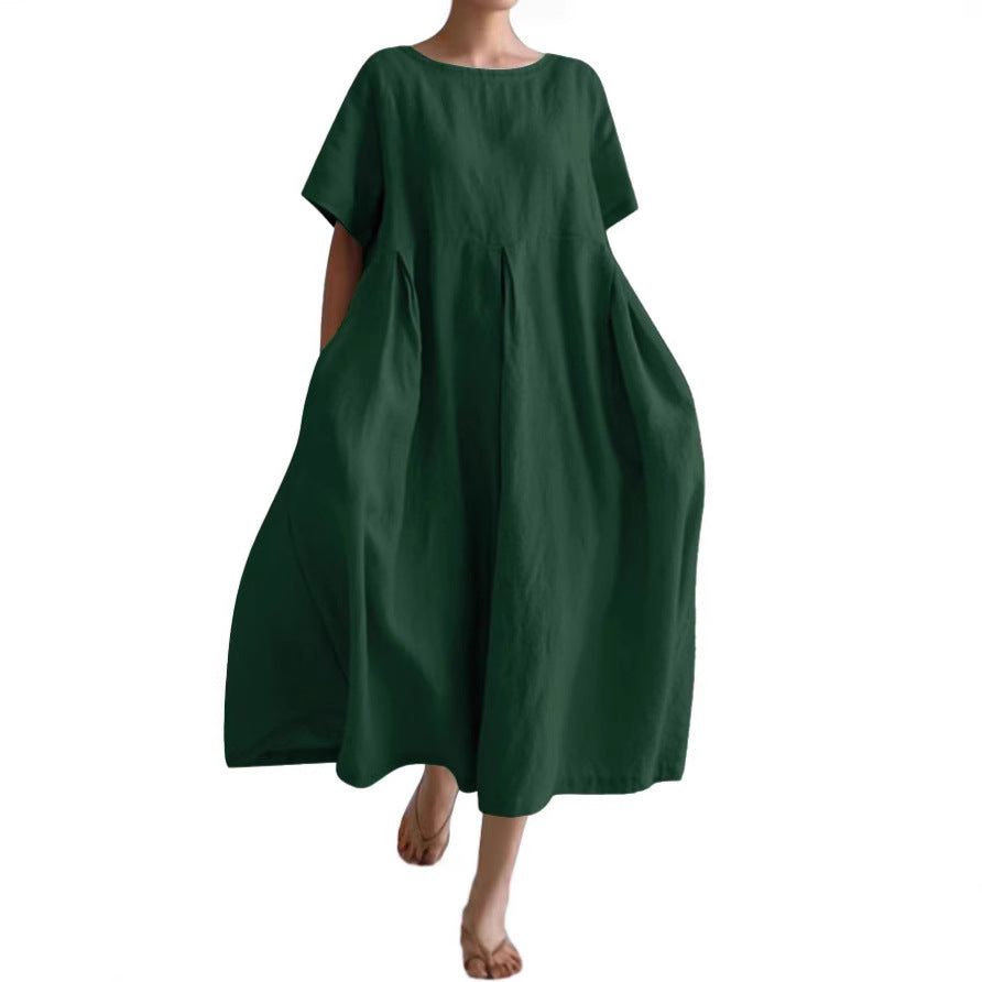 Women's Cotton Linen Loose Round Neck Fashion Dress