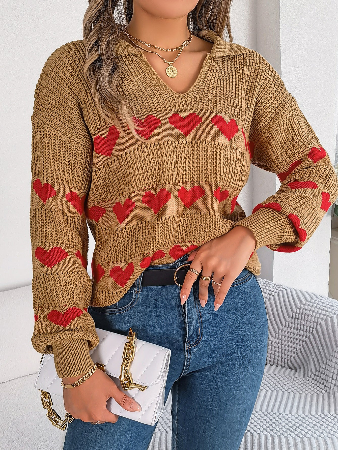 Women's Casual Heart Collar Lantern Sleeve Contrast Color Sweaters