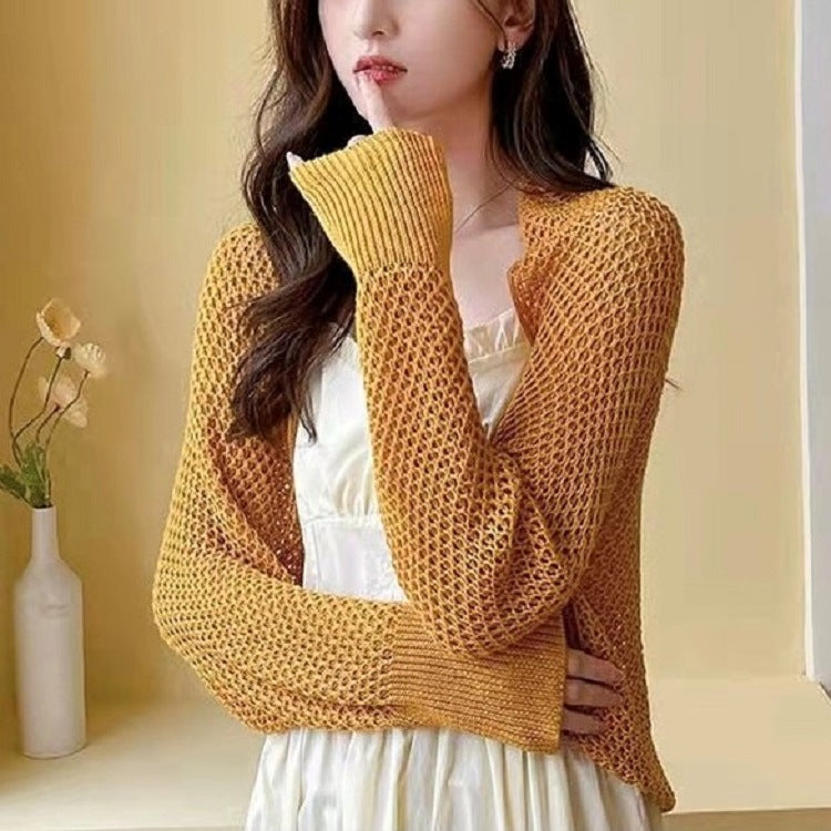 Women's Summer High-grade Long-sleeved Thin Hollow Knitted Small Blouses