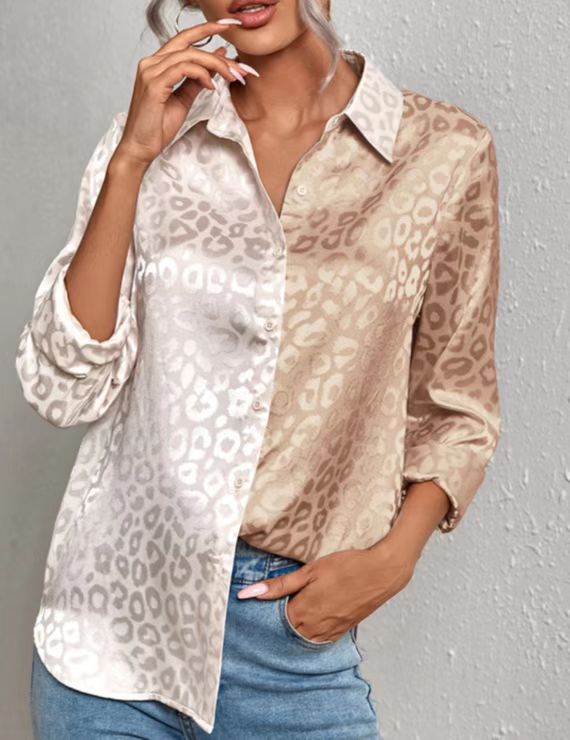 Women's Lapel Open Button Leopard Jacquard Shirt Temperament Blouses