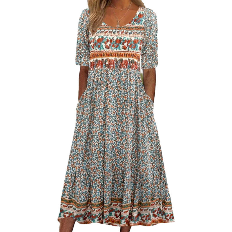 Women's Summer Round Neck Sleeve Bohemian Print Shorts