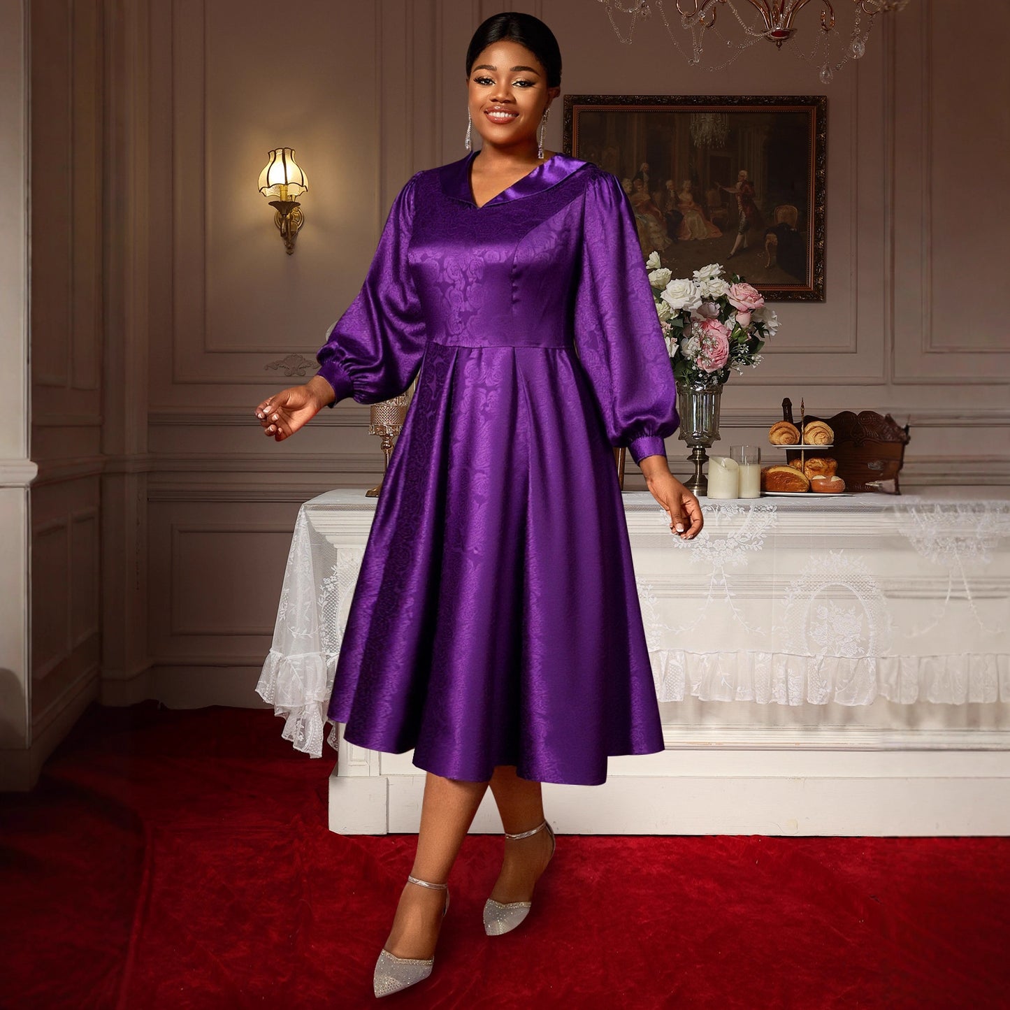 Women's Satin Jacquard Lantern Long Sleeve Swing Dresses