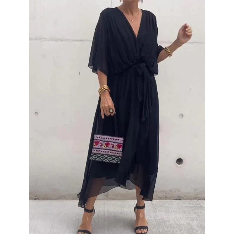 Women's Pure Color Tied Long Batwing Sleeve Dress