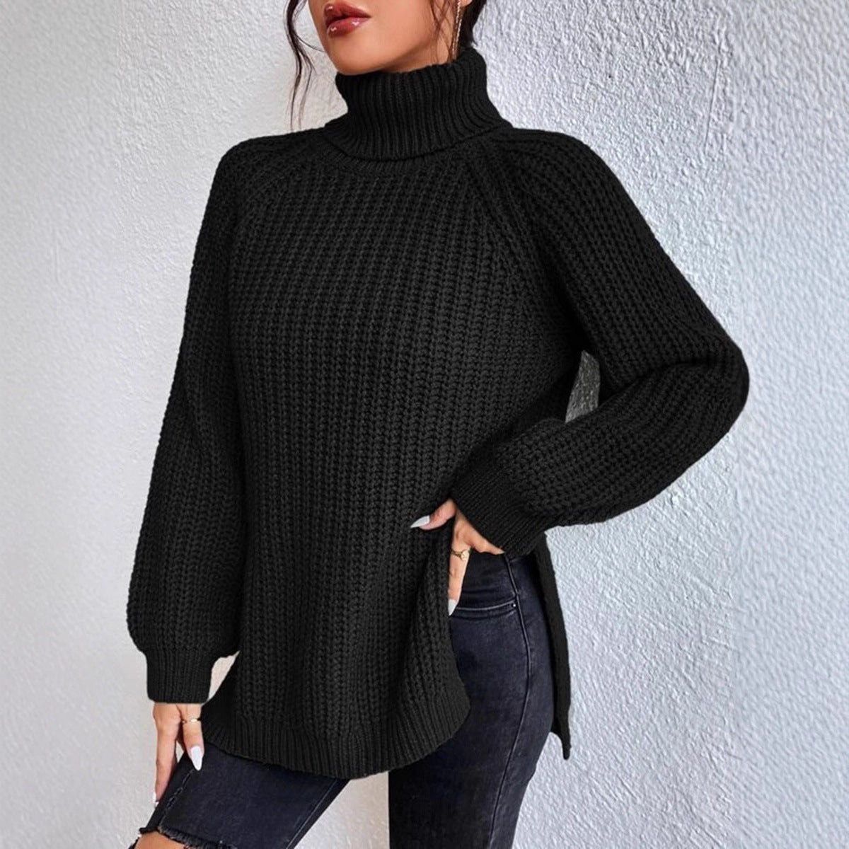 Women's Mid-length Raglan Sleeve High Lapel Split Knitwear