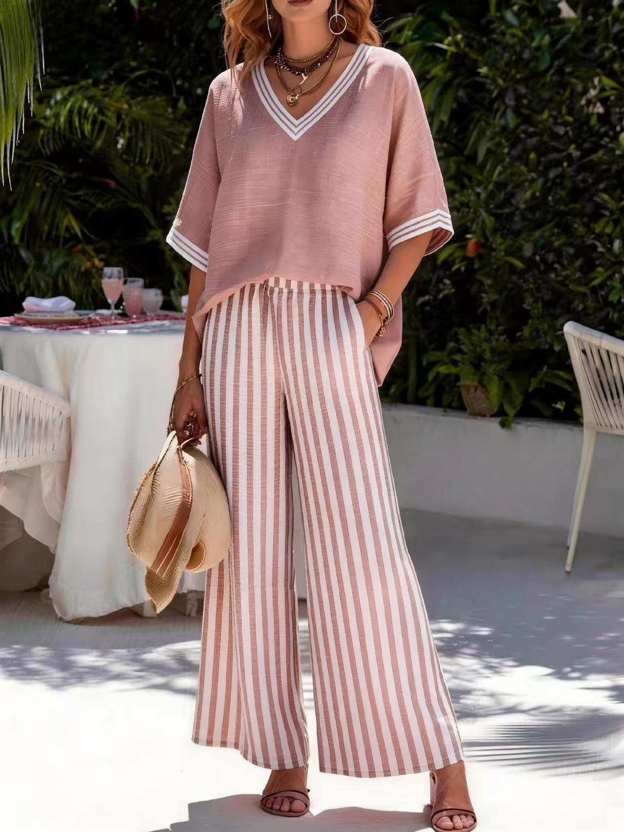Women's Summer Cotton Linen Loose Sleeve Striped Two Fashion Casual Suit