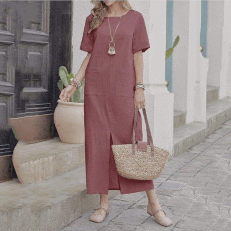 Women's Summer Cotton Linen Solid Color Loose Round Neck Sleeve Dress