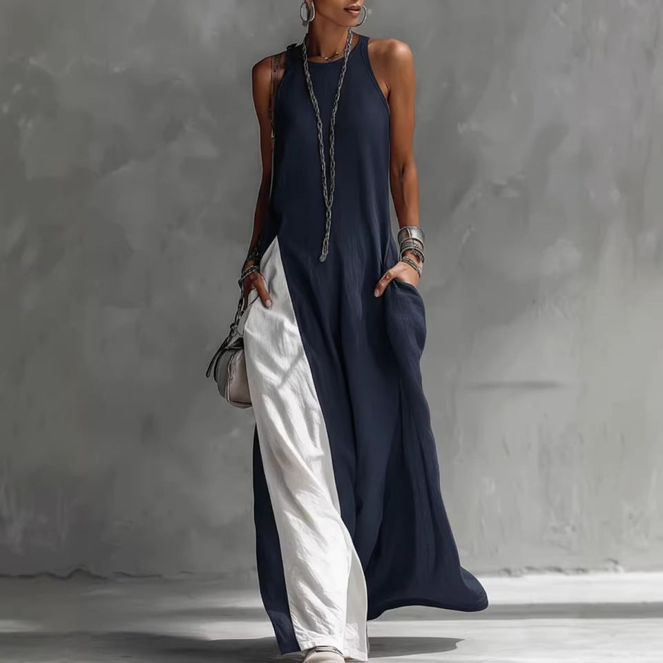 Women's Sleeveless Loose Pockets Contrast Color Casual Dress