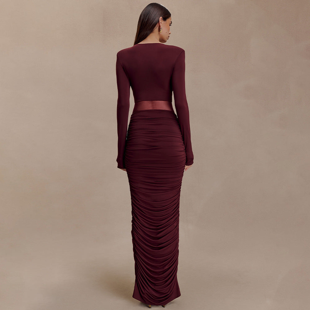 Women's Solid Color Deep V Sexy Midriff Outfit Pleated Waist Tight Dress