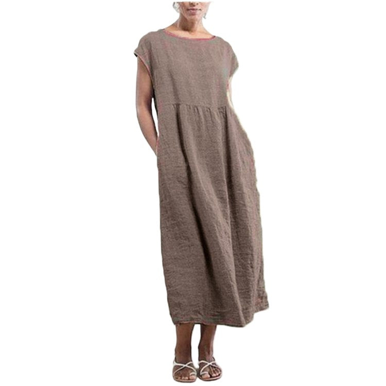 Color Sleeveless Loose Cotton Linen Pocket Dress