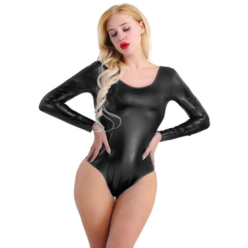 Women's Sexy Tight Patent Leather Long-sleeved Swimsuit Jumpsuits
