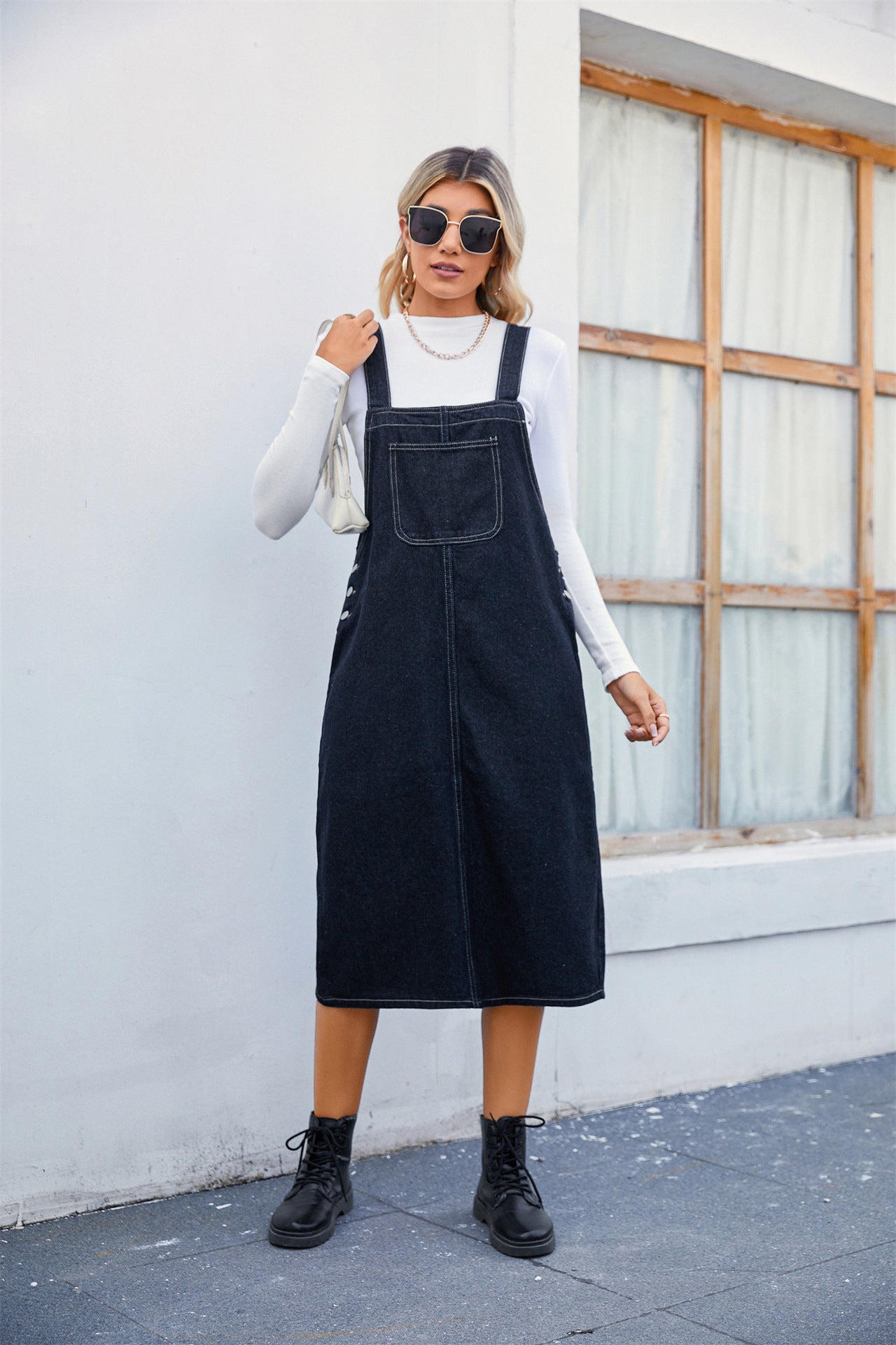 Charming Personalized Washed Denim Brace Midi Dress