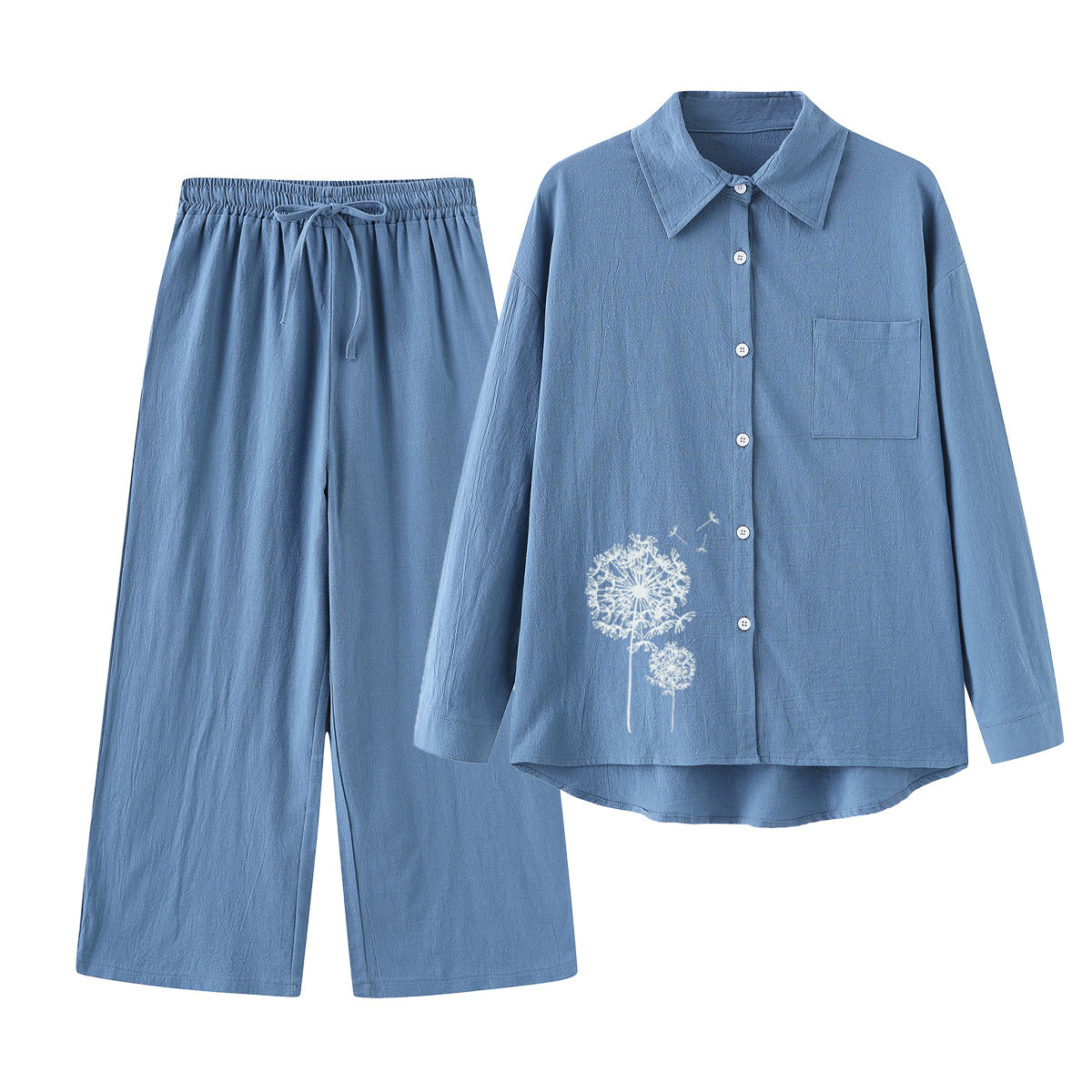 Women's Cotton Linen Shirt Wide Leg Printed Fashion Casual Suit