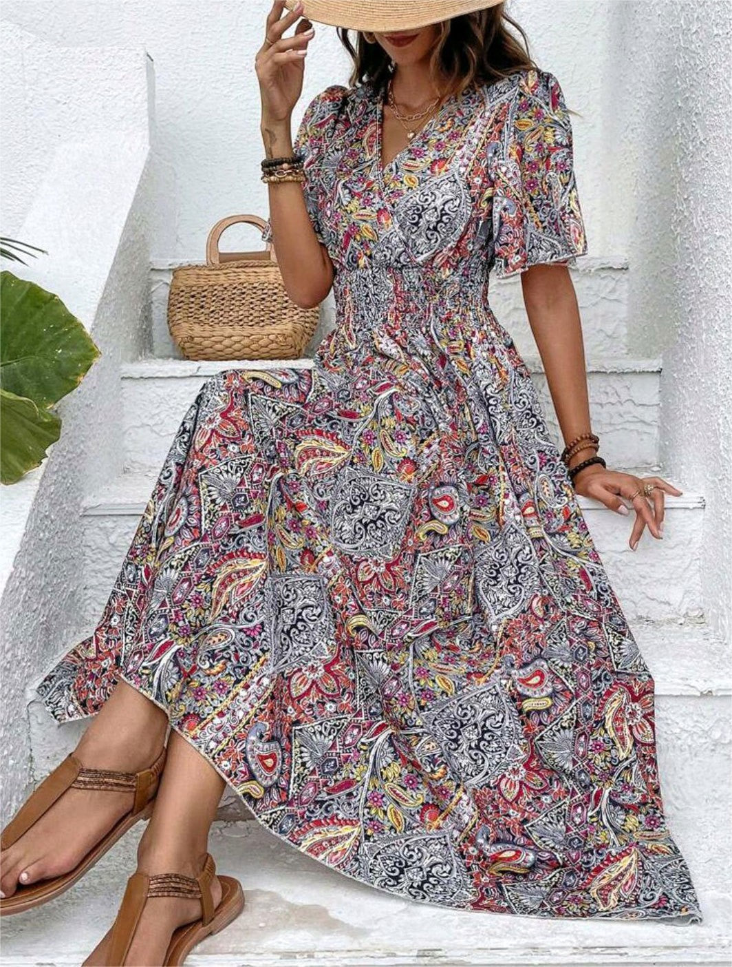 Women's Graceful Fashionable High Waist Bohemian Holiday Ethnic Dress