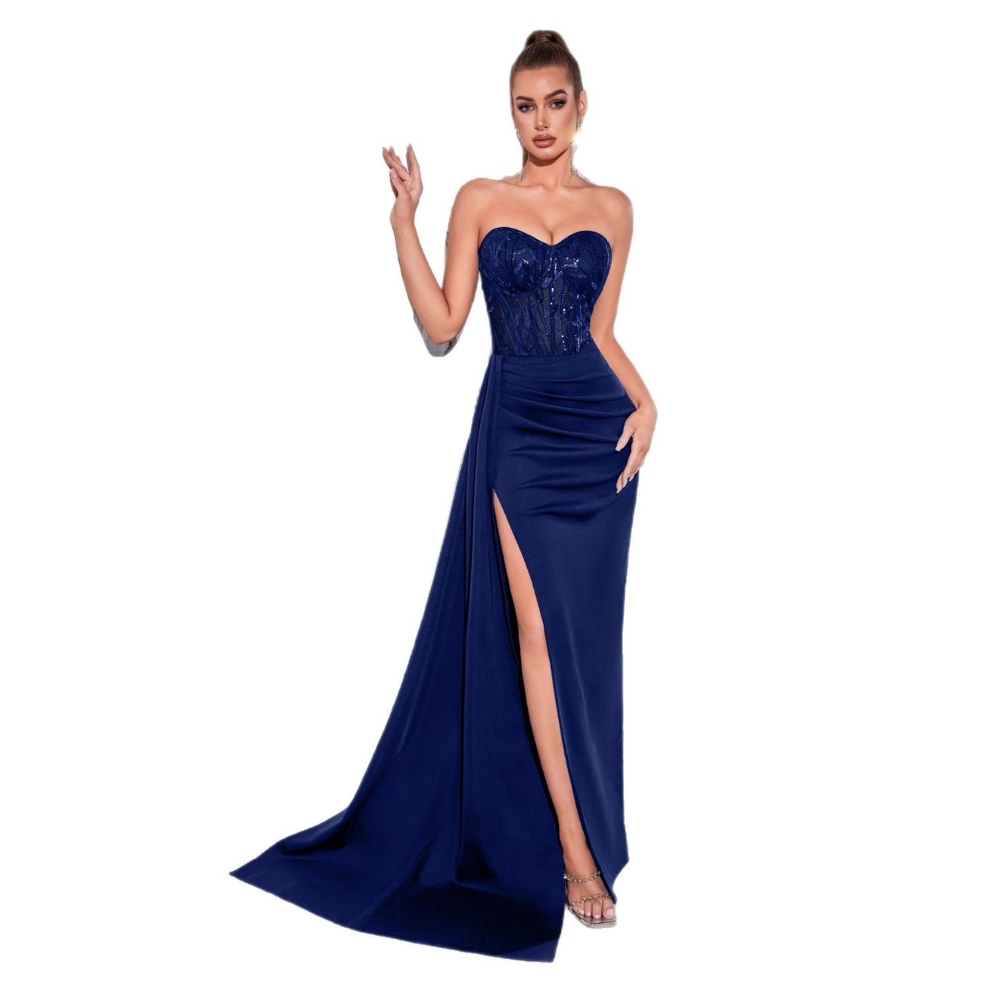 Luxury Sequin High-grade Tube Pleated High Slit Slim Slimming Dress