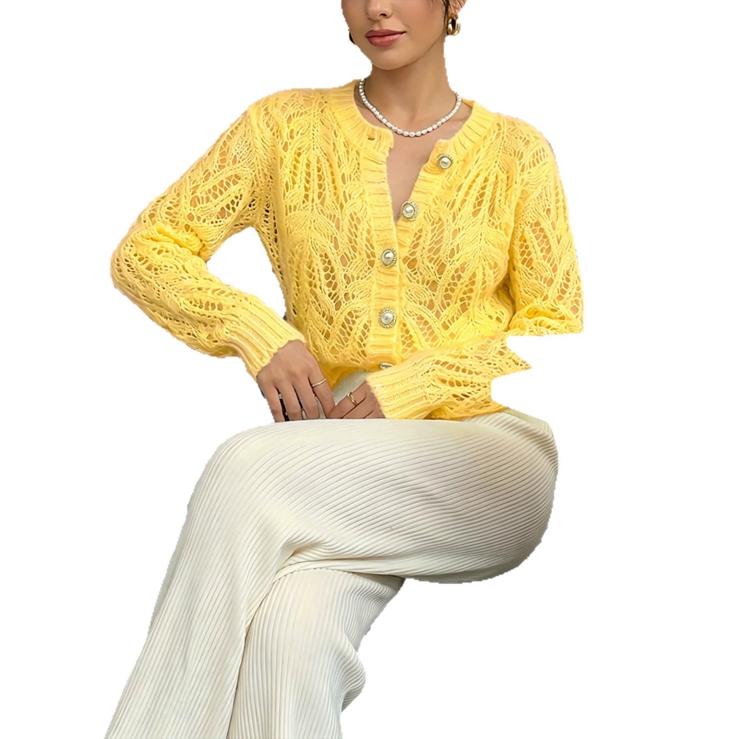 Women's Neck Pearl Buckle Design Solid Color Long Sleeve Slim Fit Women's Sweater