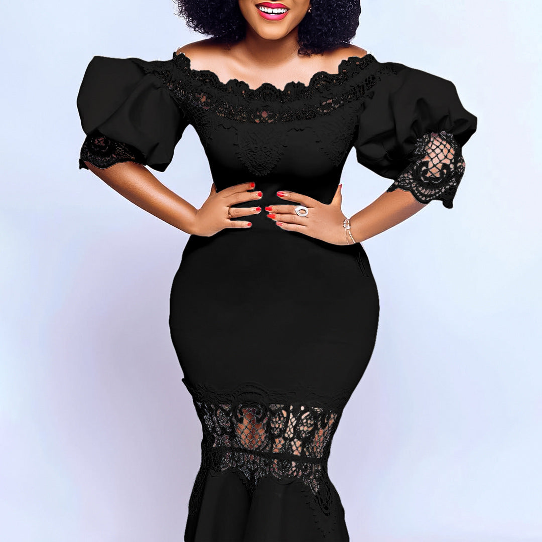 Women's Puff Sleeve Lace Stitching Banquet Fishtail Dress
