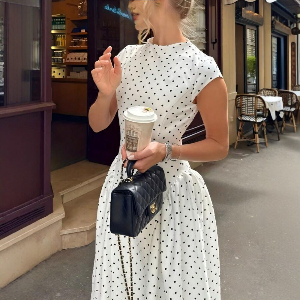 Elegant Retro Round Neck Polka Dot Printed Style Long Dress