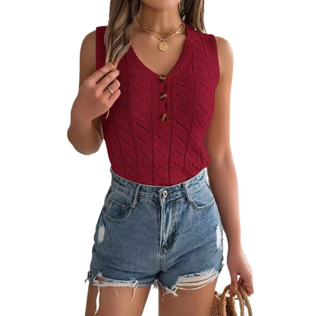 Women's Summer Solid Color Buttons Hollow Sleeveless Women's Sweater