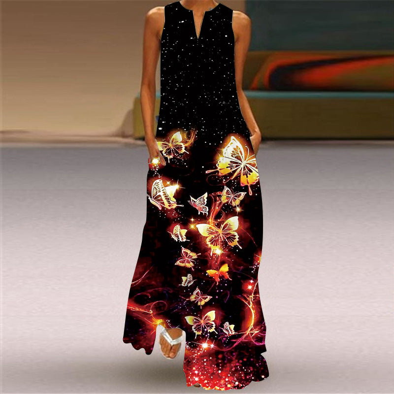 Women's Summer Sleeveless Vintage Printed Dress Long Dresses