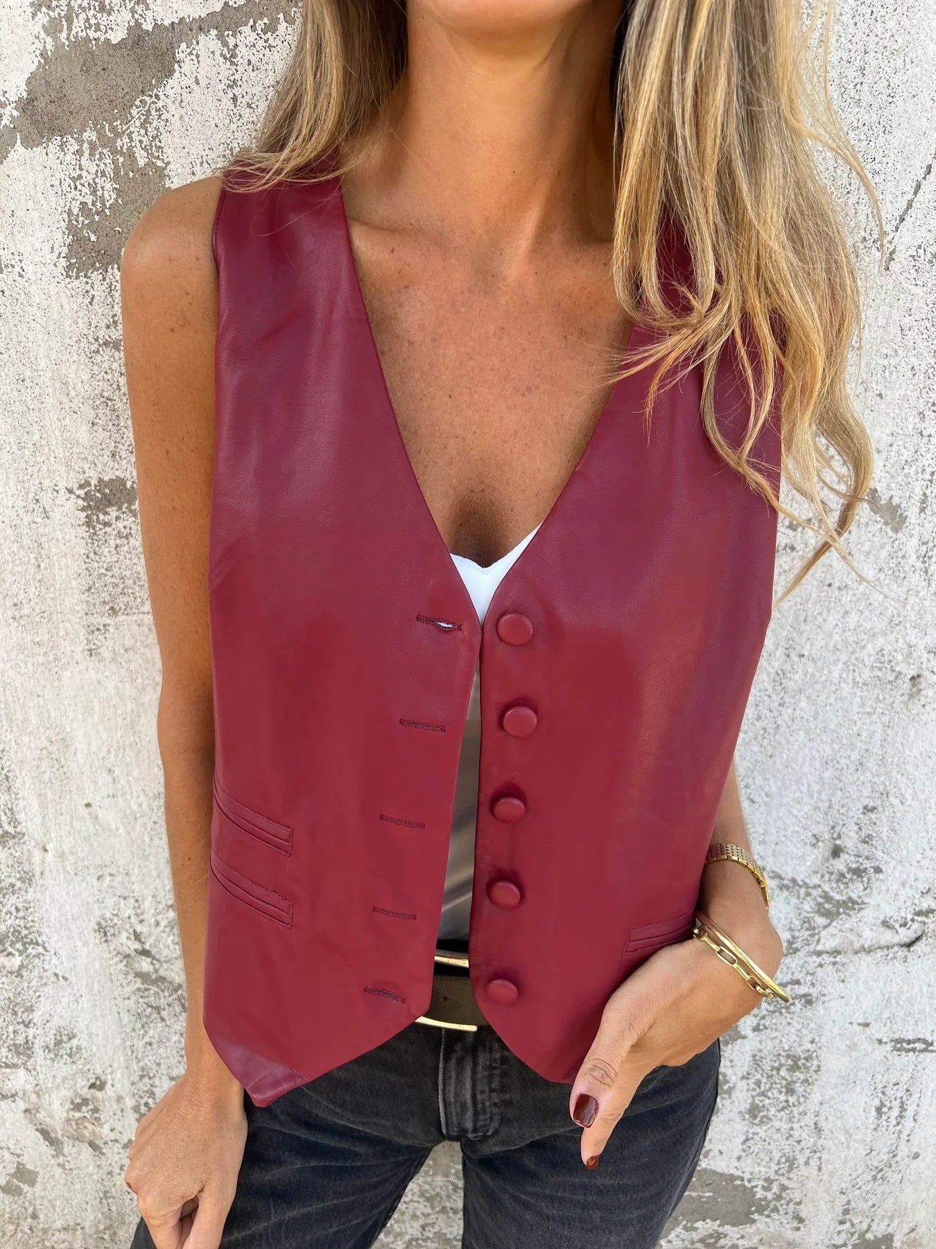 Women's Fashion Temperament Pure Color Button Vests