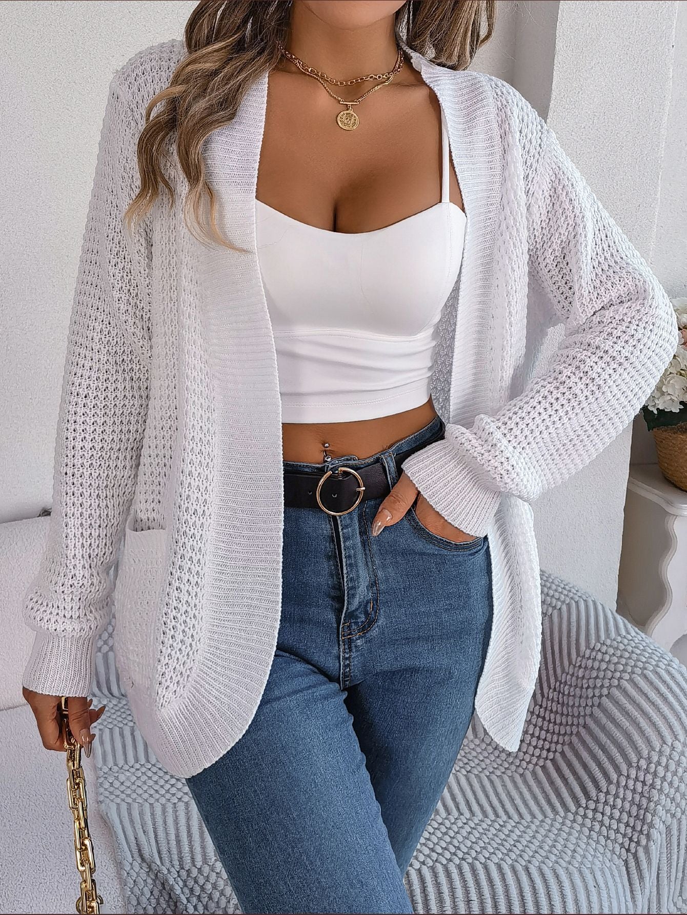 Women's Casual Pocket Long Sleeve Knitted Sweater