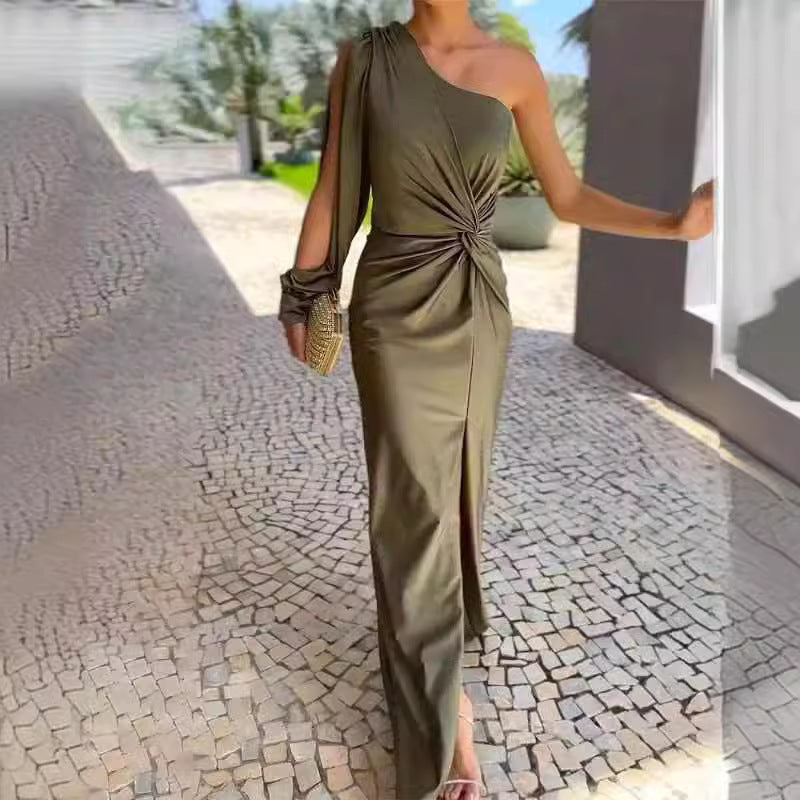 Summer Knotted Split Solid Color Slim Dress
