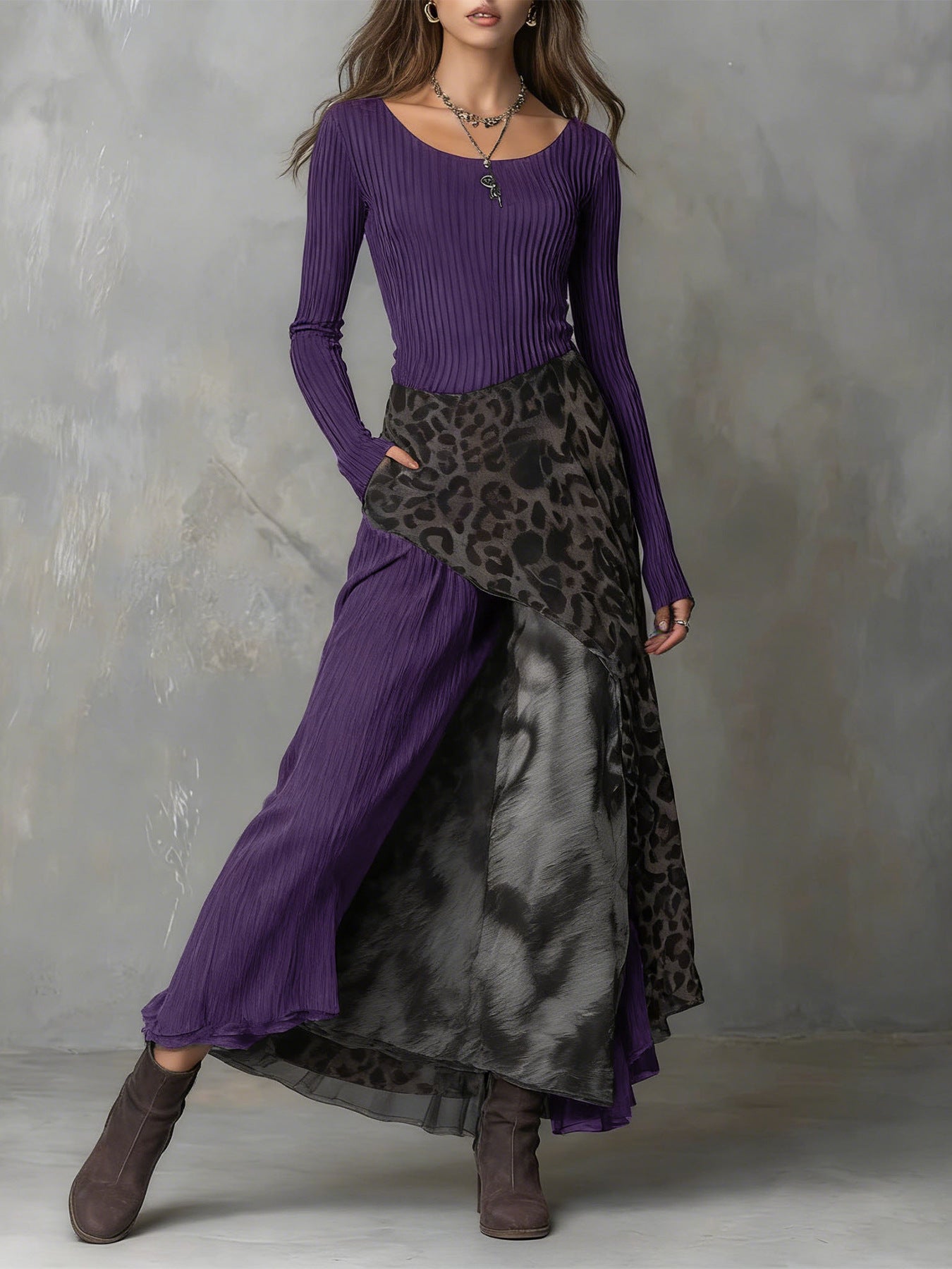 Leopard Print Elastic Waist Large Swing Dress
