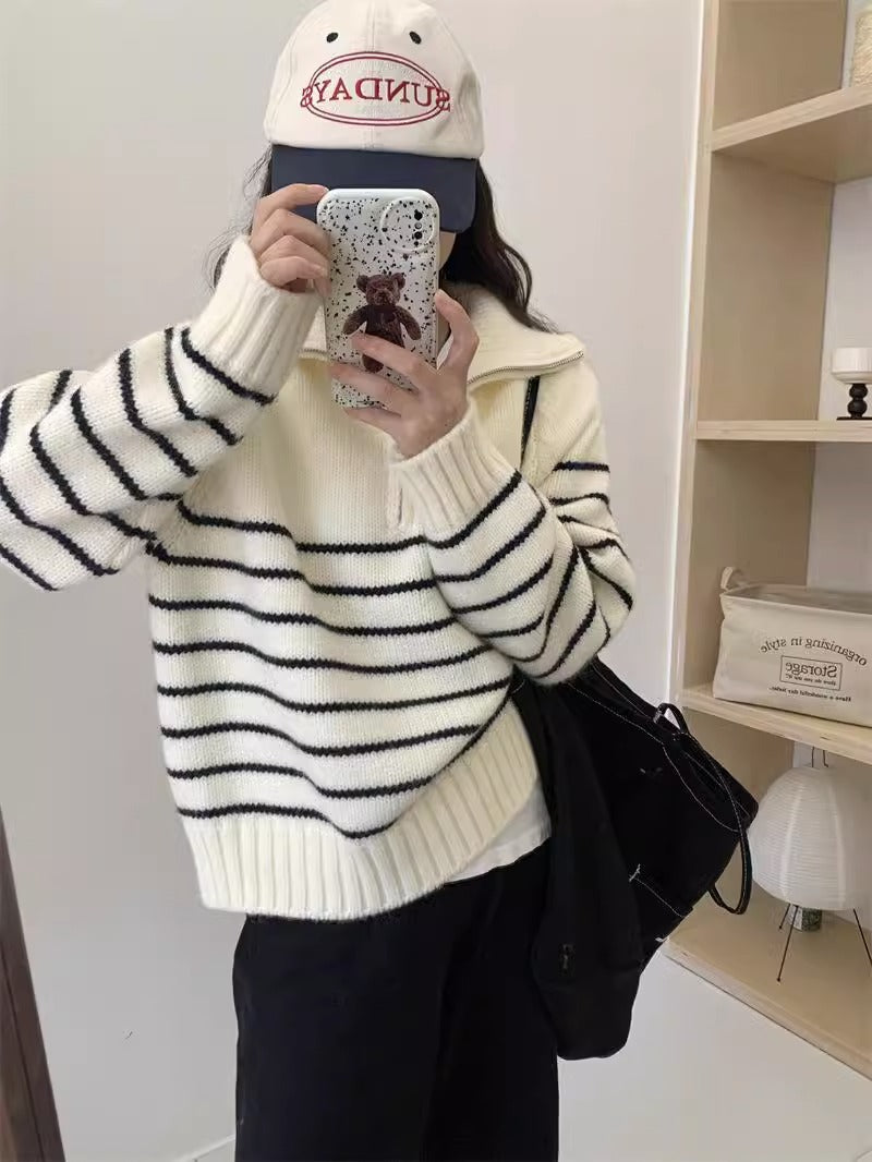 Women's Striped Half Zipper Pullover Korean Loose Lazy Sweater