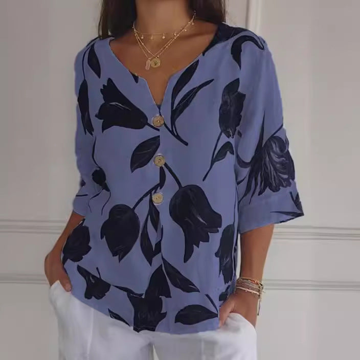 Printed Cotton Linen Short-sleeved Pullover Shirt Blouses