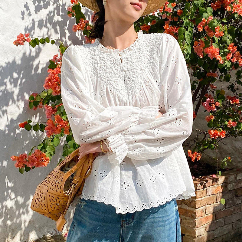 Women's Spring French Embroidery Shirt Long Sleeve Loose-fitting Blouses