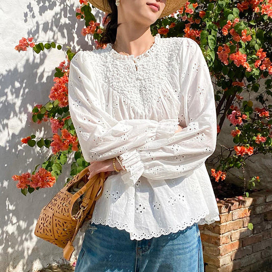 Women's Spring French Embroidery Shirt Long Sleeve Loose-fitting Blouses